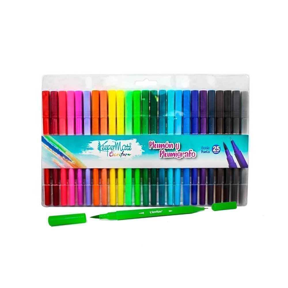 Plumon punta pincel y plumigrafo x25 colores doble punta keeper mate
