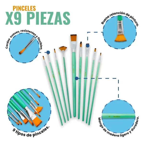 Pinceles x9 Piezas de Cerdas Finas Surtidas - Imagen 2