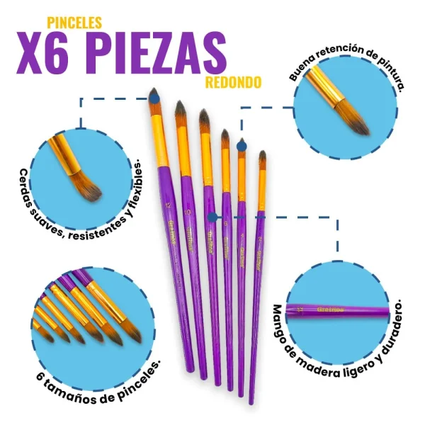 Pinceles Redondos x6 Piezas - Imagen 2